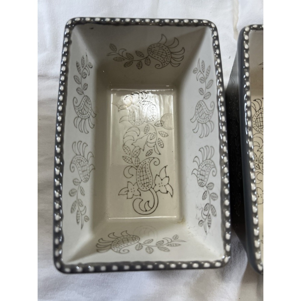Baum Gray Floral Stoneware Mini Loaf Pans Set of‎ 2 Oven Safe Beaded Rim Modern - Picture 3 of 11
